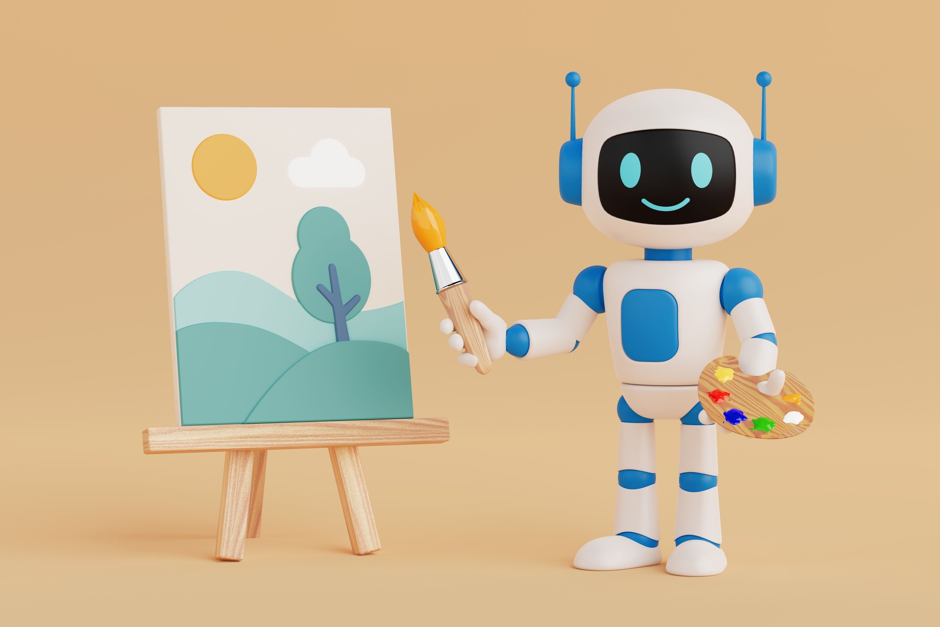 Creative Artificial Intelligence Concept. Cute Ai Robot Artist Character Painting Landscape On Easel. 3d Rendering