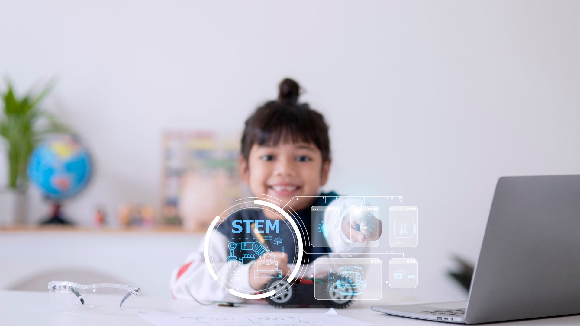 STEM school kids learning education technology building robot car creative ideas construction development programming analysis, graphical icons UI screen
