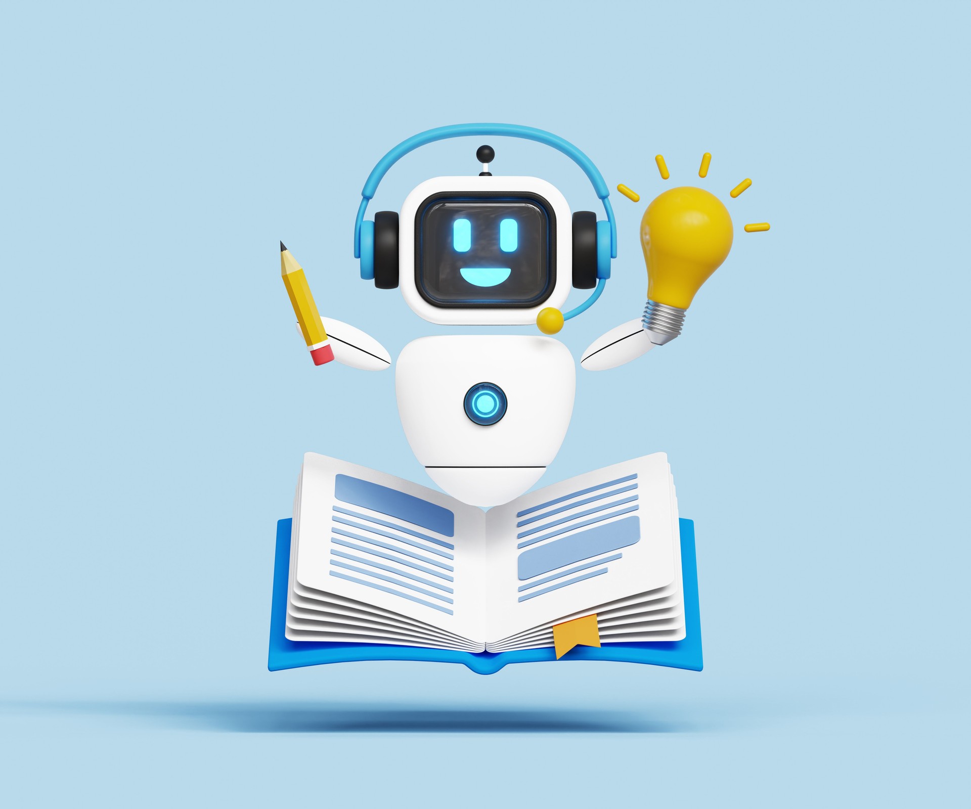 Smart AI solution concept. Online learning concept. Chatbot for support and help. innovation or automation, online course. 3d smart AI chatbot with open book and idea lightbulb. 3d illustration